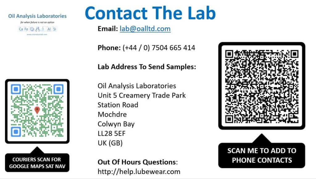 Contact Oil Analysis Laboratories (we are open as normal)